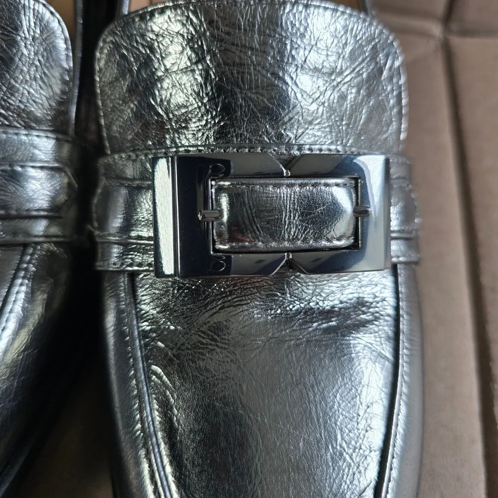 Alex Marie Silver Metallic Leather Block Heel Loafers Square Toe‎ Woman 8.5M NEW